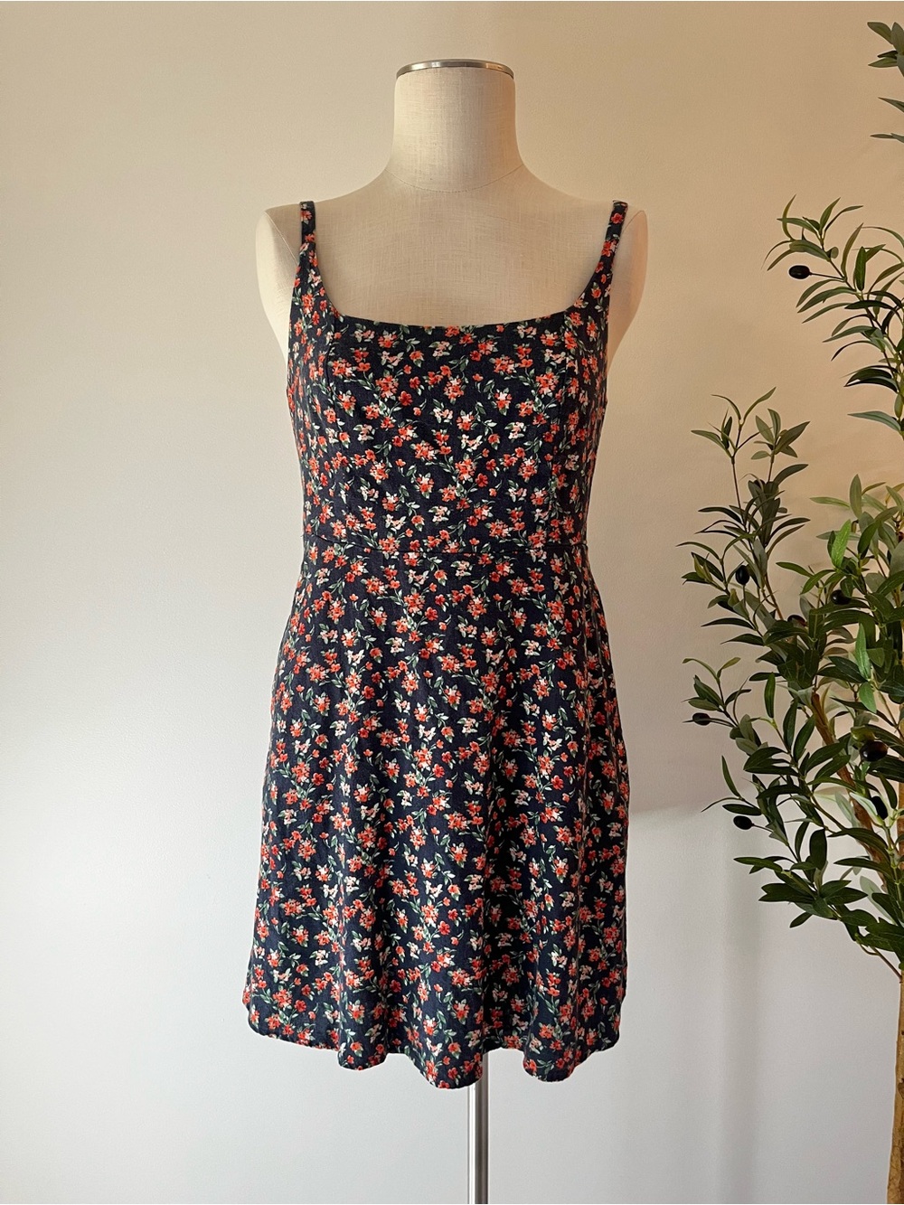 Women's Floral Navy square neck dress with Red Flowers